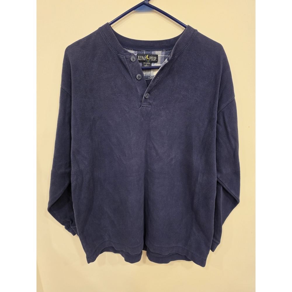 Luna Pier Men's L Navy Blue 100% Cotton Long Sleeve Henley Pullover Shirt